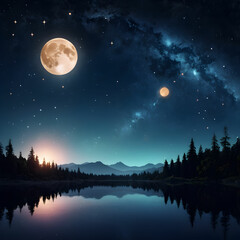 a night sky filled with stars planets and a large moon