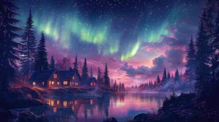 Aurora's Embrace: Nordic Village Serenity