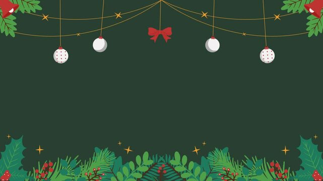 Christmas animation with christmas ball, ribbon, holy,  bell, leaves frame on green background. The blank space in the center of the frame