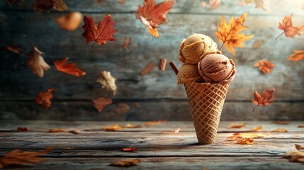 Autumn Ice Cream Cone with Falling Leaves