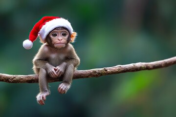 monky on a branch wearing santa hat,generative ai