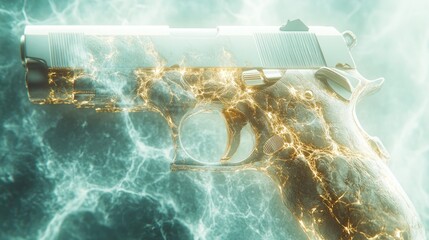 A silver handgun with a golden lightning bolt pattern on a blue and white background.