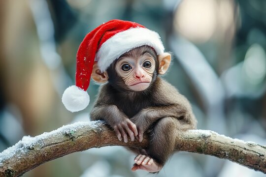 monky on a branch wearing santa hat,generative ai