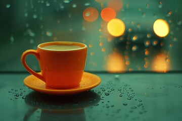 Obraz premium A cozy orange cup of coffee sits on a saucer by a rain-kissed window, with blurred street lights glowing in the background, creating a serene atmosphere.