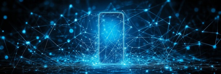 Obraz premium Smartphone with Glowing Edges on Dark Blue Technology Background, Futuristic Communication Concept