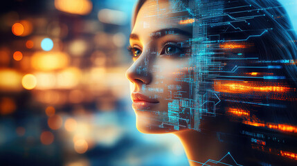 A mesmerizing visual of a woman's face overlaid with flowing streams of glowing digital data representing AI