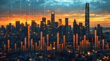 Fototapeta premium vibrant city skyline at sunset with financial graphs overlaying scene, symbolizing economic growth and market trends. image captures dynamic intersection of urban life and financial analysis