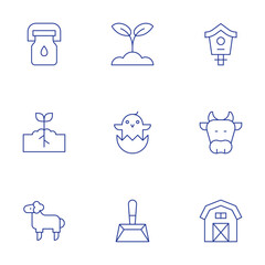 Farm icons set. Thin Line style, editable stroke. agriculture, bird house, chick, cow, dustpan, farm house, milk bottle, plant, sheep