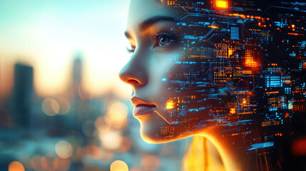 A mesmerizing visual of a woman's face overlaid with flowing streams of glowing digital data representing AI