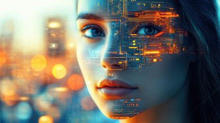 A mesmerizing visual of a woman's face overlaid with flowing streams of glowing digital data representing AI