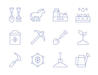 Obraz premium Farm icons. Thin Line style, editable stroke. farming tools, flour, food, horse, pick, rye, shovel, sickle, smart farm, soil, sprout, watering can