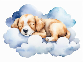 A dog sleeps peacefully on fluffy clouds in a watercolor dream.