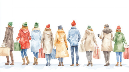 Fototapeta premium A watercolor illustration of several people from behind, wearing winter coats and hats, holding shopping bags, creating a festive, cozy atmosphere.