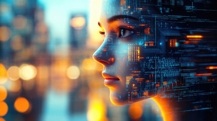 A mesmerizing visual of a woman's face overlaid with flowing streams of glowing digital data representing AI
