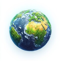 A 3D icon of Earth with bright blue oceans and green continents, isolated with a soft glow on a white background