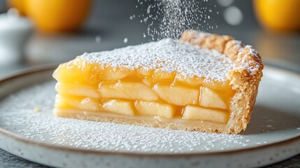 A slice of apple pie on a white plate with powdered sugar being sprinkled on top.
