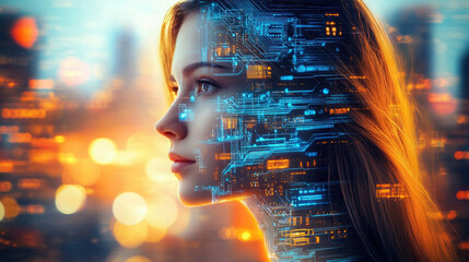 A mesmerizing visual of a woman's face overlaid with flowing streams of glowing digital data representing AI