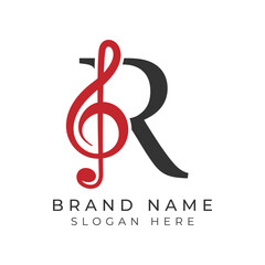 Initial Letter R with musical note Style icon. Alphabet R Music logo design