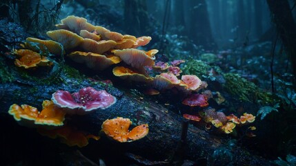 Colorful Fungi Growing on Logs in Forest
