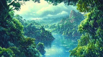 Lush green rainforest with a river flowing through it, viewed from a high vantage point.  Rain falls from the sky, creating a misty and atmospheric scene.