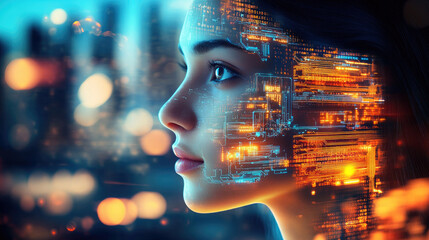 A mesmerizing visual of a woman's face overlaid with flowing streams of glowing digital data representing AI