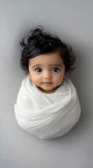 NewBorn baby girl, arabic features, black hair, potrait, facing camera, vertical size, white backround ,generative ai