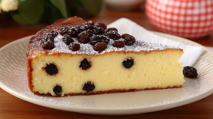 A slice of cheesecake with raisins and powdered sugar.