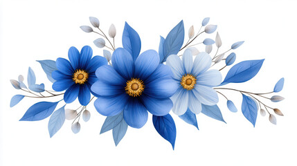Intricate watercolor flowers with blue leaves and delicate details create serene and elegant composition, perfect for various design projects