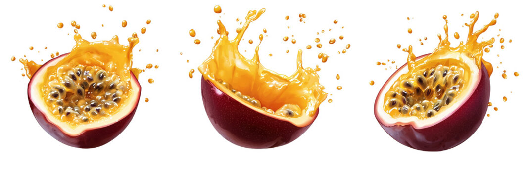 Fresh passion fruit halves with vibrant pulp and juice splashes create dynamic and colorful display. juicy interior and lively splashes evoke sense of freshness and vitality