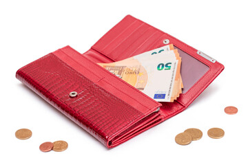 Opened Red Women Purse with 50 Euro Banknotes Inside and Scattered Euro Cent Coins - Isolated on White Background. A Wallet Full of Money Symbolizing Wealth, Success, Shopping and Social Status -