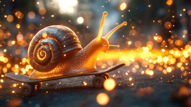 A snail on a skateboard with a trail of light behind it, the image has a bokeh effect.