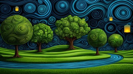 Step into a surreal garden of swirling patterns and vibrant hues, with floating lanterns symbolizing growth and mental wellness. 