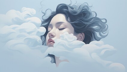 A serene figure with closed eyes surrounded by soft clouds.