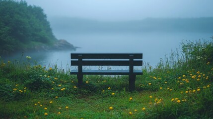 Fototapeta premium A solitary black wooden bench sits on a grassy cliff overlooking a misty lake, with lush greenery in the background.
