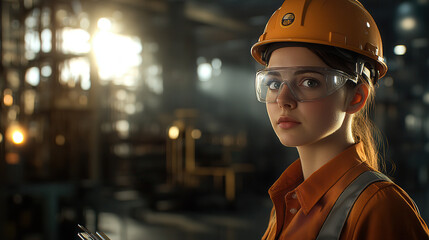 young female businesswoman wearing hard hat and safety glasses, standing in industrial setting, exuding confidence and determination