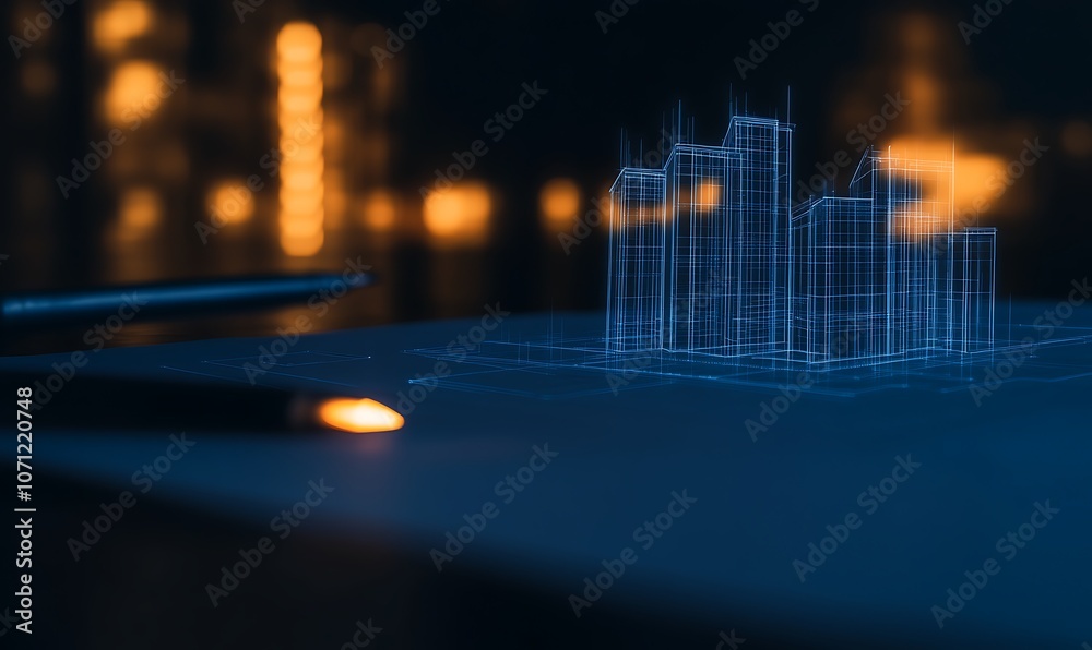 Aufkleber a glowing, wireframe cityscape appears on a dark surface, suggesting a futuristic design or digital 