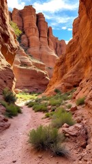 Stunning rock formations along a winding path through a vibrant red canyon in natural daylight. Generative AI