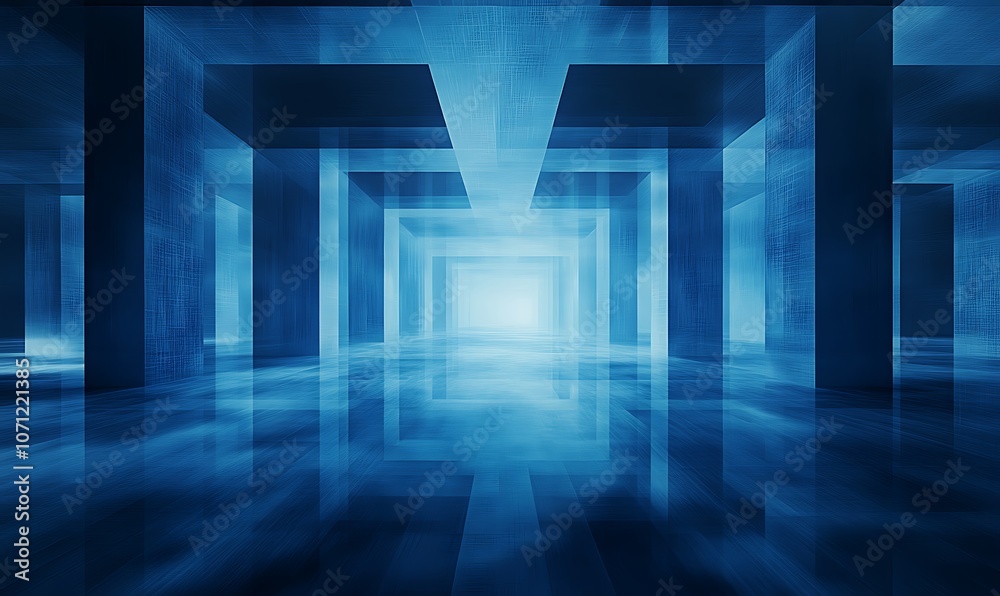 Poster a serene blue corridor with reflective surfaces and abstract structures, creating a calming and futu