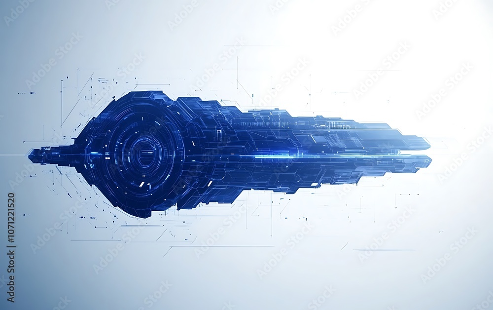 Fototapete a futuristic, sleek blue object appears to be moving through space, surrounded by digital patterns a