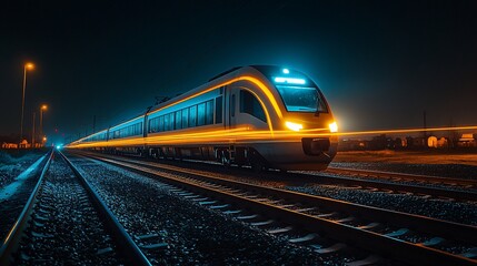 Fototapeta premium A sleek train illuminated at night, speeding along railway tracks.