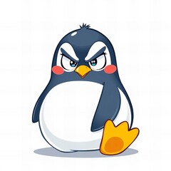 cartoon penguin with angry face sitting on the ground.