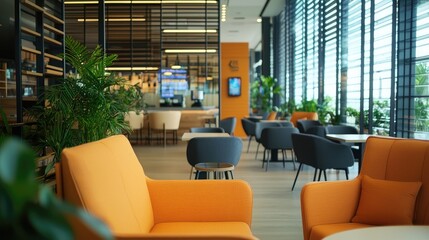 Modern cafe interior with orange chairs, plants, and a bar counter.