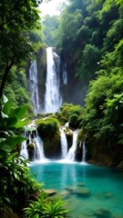 Fototapeta premium Waterfalls cascading into a serene turquoise pool surrounded by lush greenery in a tranquil natural setting. Generative AI