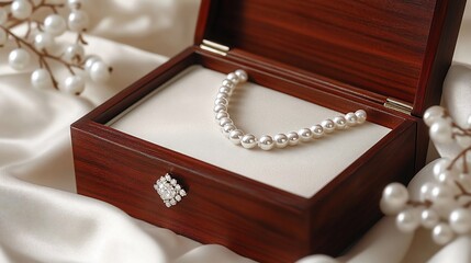 A pearl necklace lies in a wooden box, with white silk fabric and pearl-like decorations beside it.