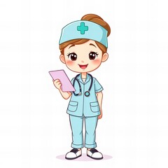 cartoon nurse holding a tablet computer and a stethoscope.