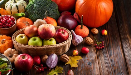 Autumn harvest concept. Seasonal fruits and vegetables on a wooden table, top view