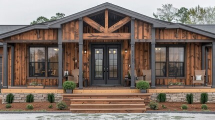 A charming wooden home featuring a spacious front porch, large windows, and a rustic design, surrounded by greenery.