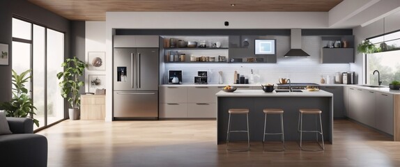 smart home filled with various connected devices and appliances AI, such as smart refrigerators, coffee makers, and ovens, all communicating with each other to simplify everyday tasks and enhance the 