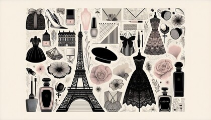 Inspired by Paris as the global fashion capital, featuring iconic French fashion elements. Silhouettes of classic items like berets, perfume bottles.