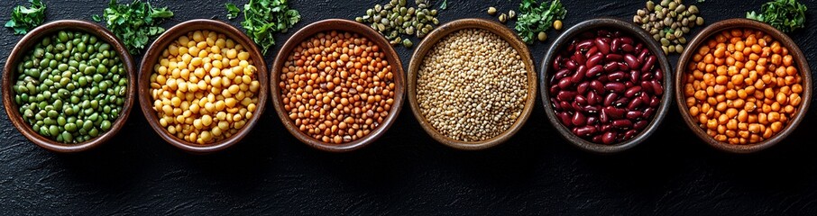 Obraz premium A variety of colorful legumes displayed in bowls on a dark surface.